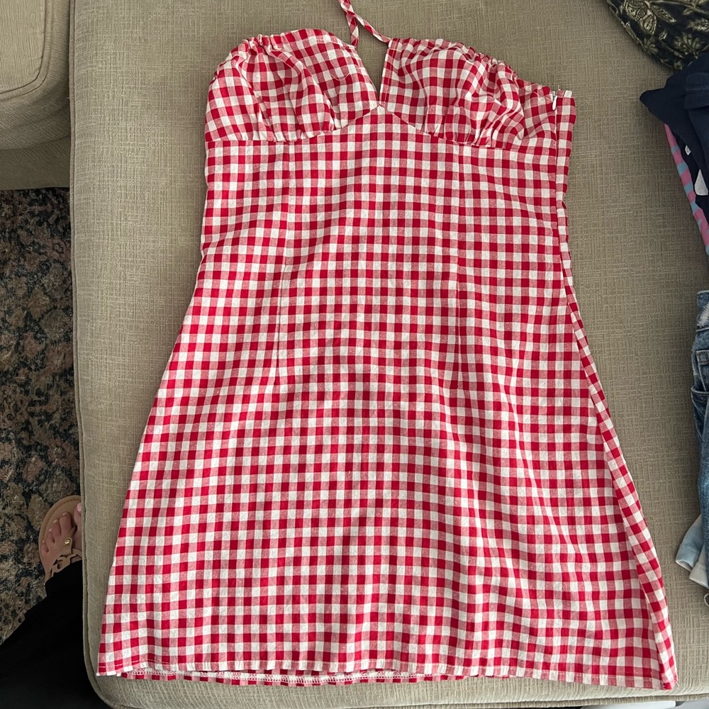 Country concert favorite-Red and White Gingham Strapless Dress Xs- worn once